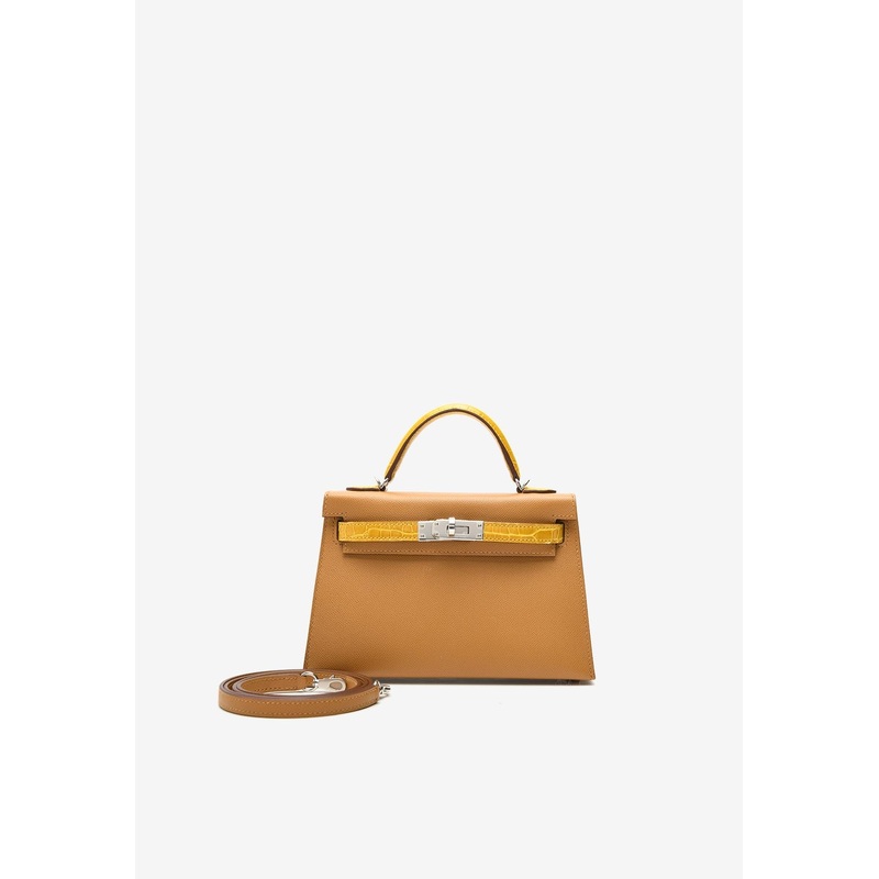 Mini Kelly 20 Sellier Touch in Sesame Madame and Jaune Ambre Shiny Alligator with Palladium Hardware
