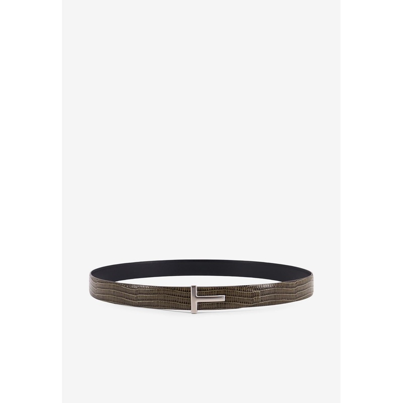 T Buckle Croc-Embossed Leather Belt