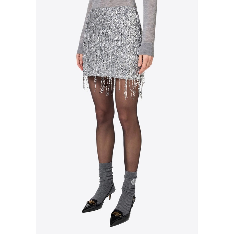 Sequin Embellished Fringed Mini Skirt