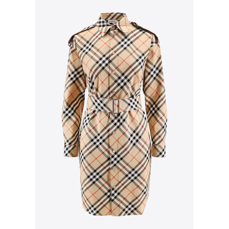 Vintage Check High-Neck Belted Dress