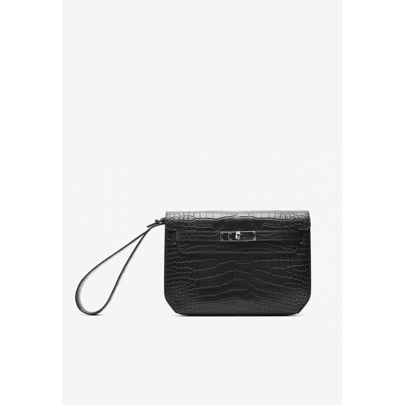 Kelly Depeches 25 Pouch in Black Matte Alligator with Monochrome Hardware