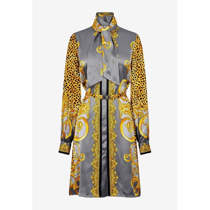 Cheetah Foulard Print Mini Silk Shirt Dress