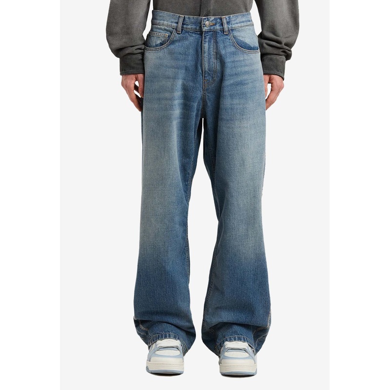 Curved Logo Wide-Leg Faded Jeans