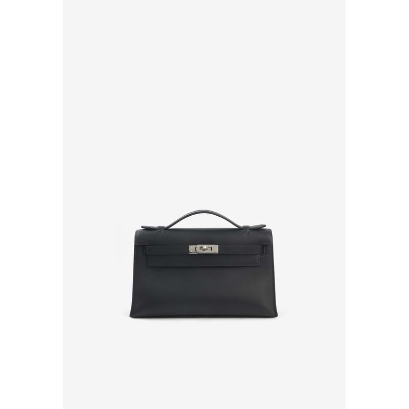 Kelly Pochette Clutch Bag in Black Swift Leather with Palladium Hardware