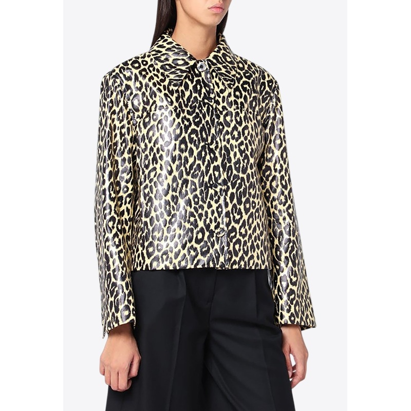 Leopard Print Coated-Linen Jacket