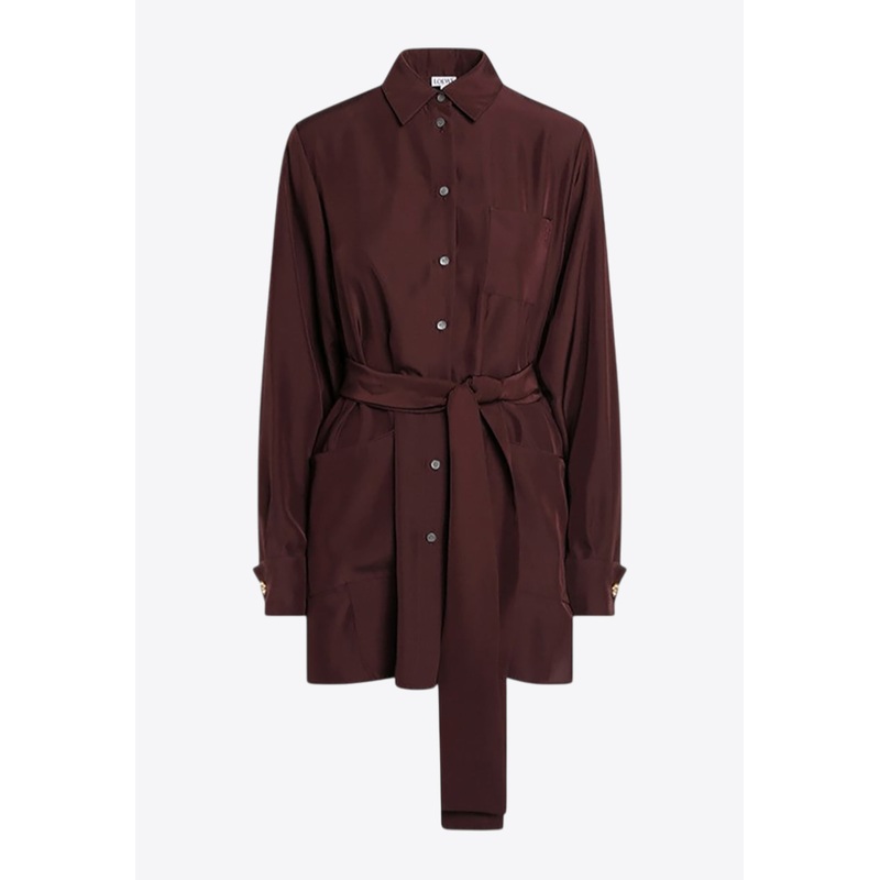 Embroidered Anagram Belted Silk Shirt