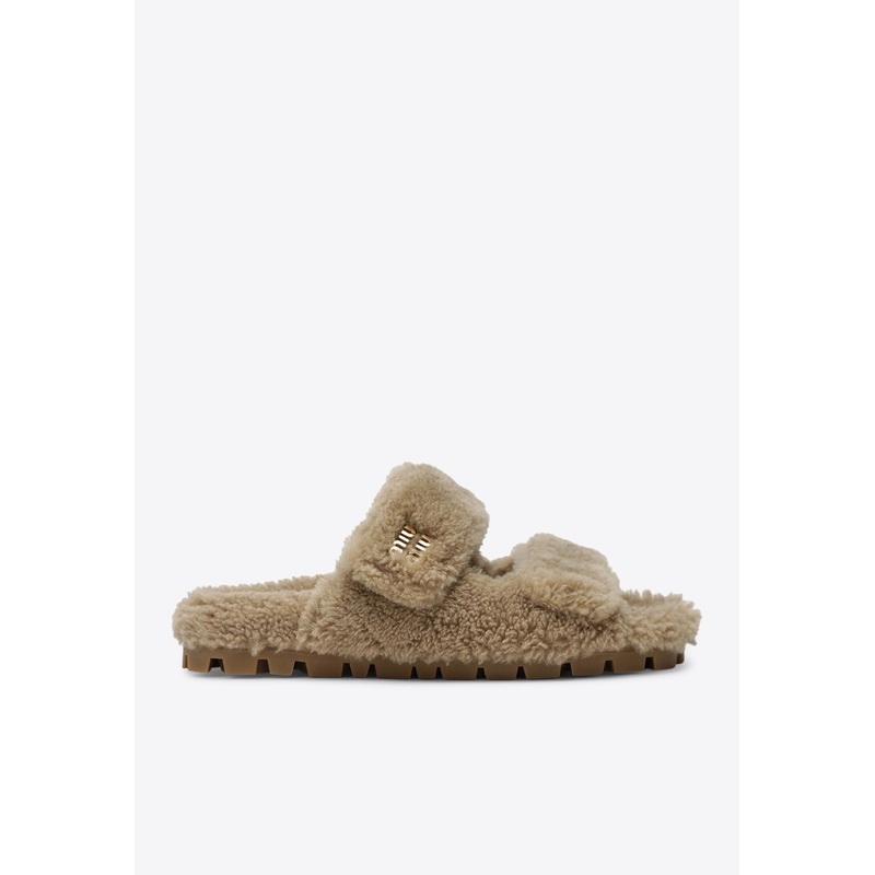 Logo Embossed Shearling Slides