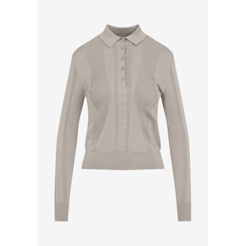 Rib Knit Long-Sleeved Polo Sweater