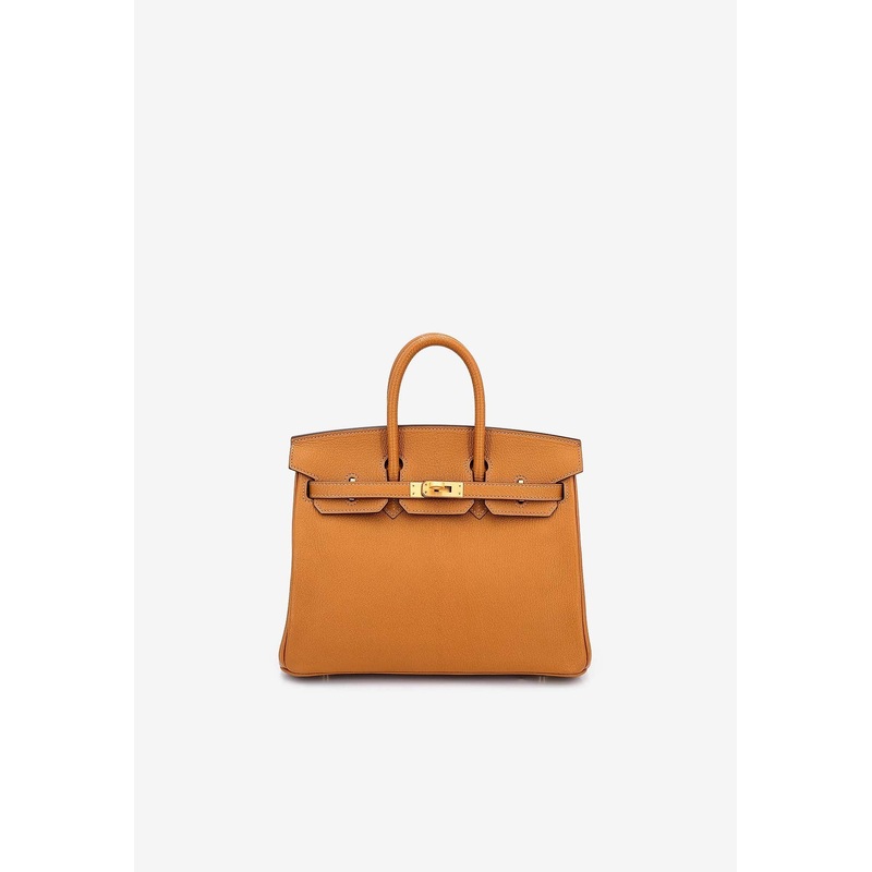 Birkin 25 Verso in Caramel and Jaune Ambre Chevre Leather with Brushed Gold Hardware