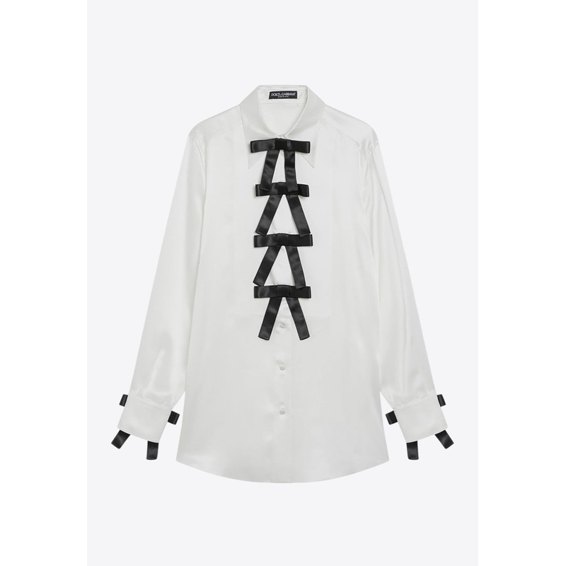 Bow Appliques Silk Buttoned Shirt