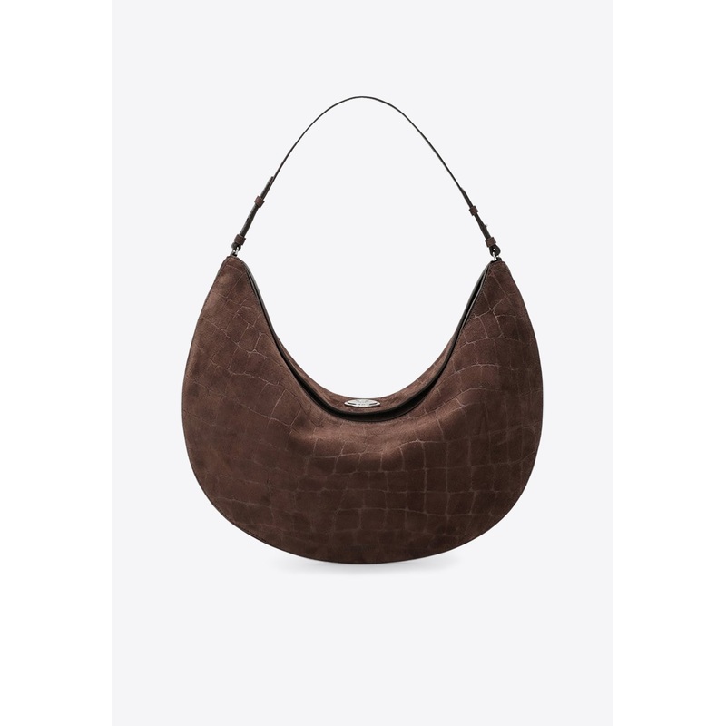 Large Ovalo Croc-Embossed Suede Hobo Bag