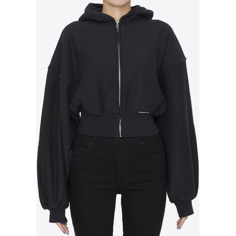 Logo Label Zip-Up Cropped Hoodie