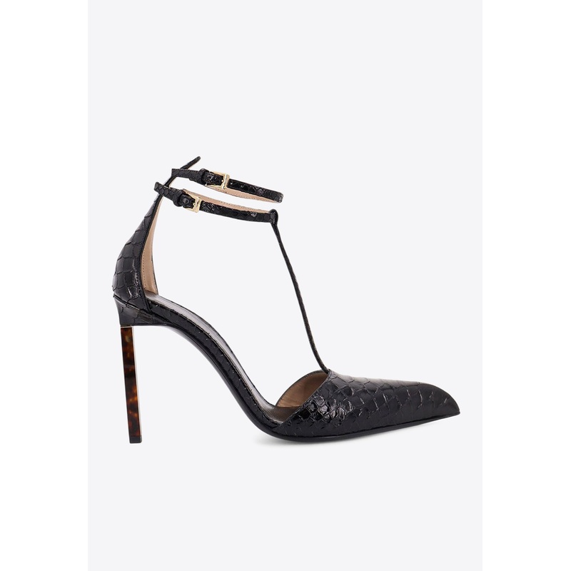 105 T-strap Python Print Leather Pumps