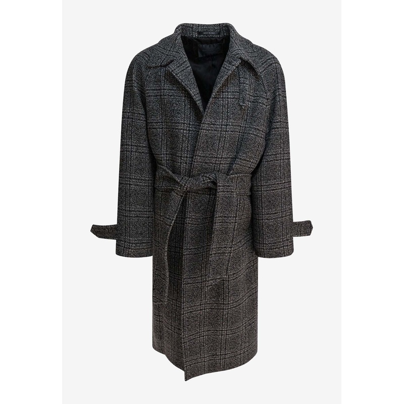 Single-Breasted Checked Wool Long Coat