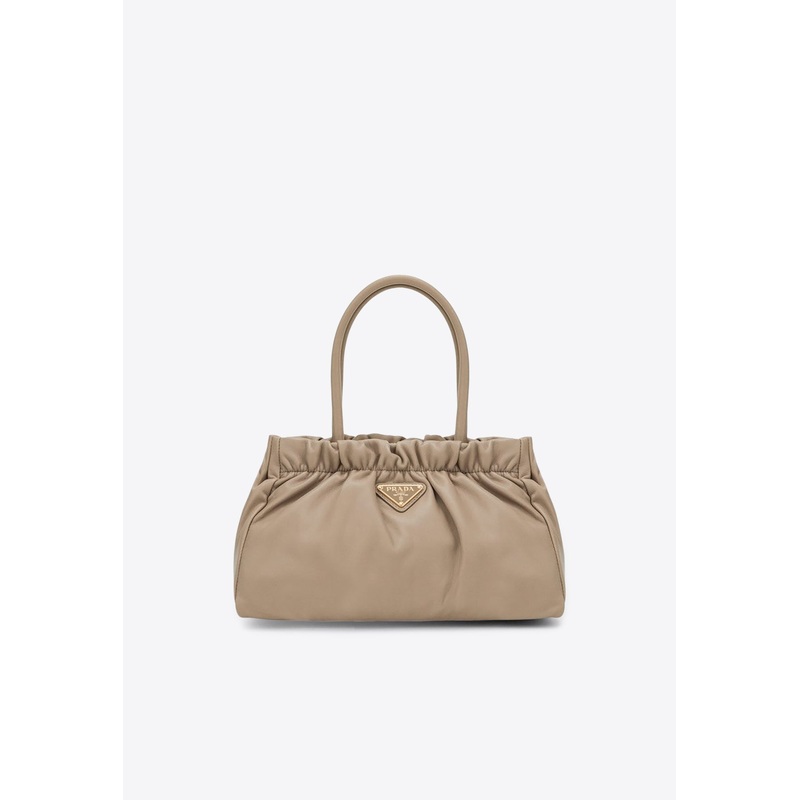 Triangle Logo Leather Drawstring Handbag