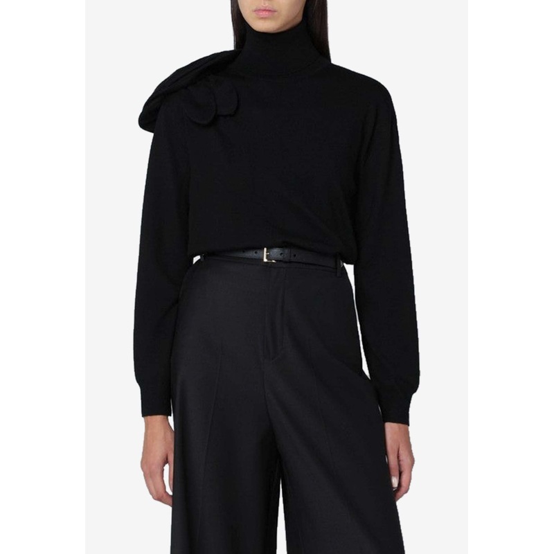 Flower Applique Wool High-Neck Sweater