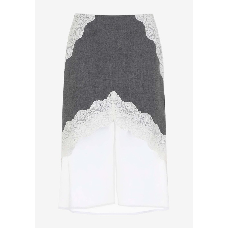 Lace-Inserted Midi Skirt in Wool