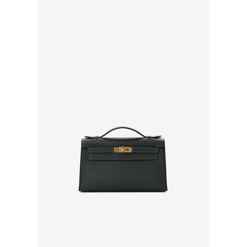 Kelly Pochette Clutch Bag in Ardoise Swift Leather with Gold Hardware