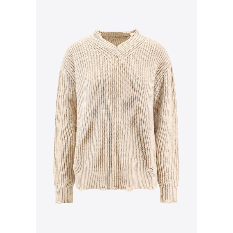 Distressed V-neck Ribbed Sweater