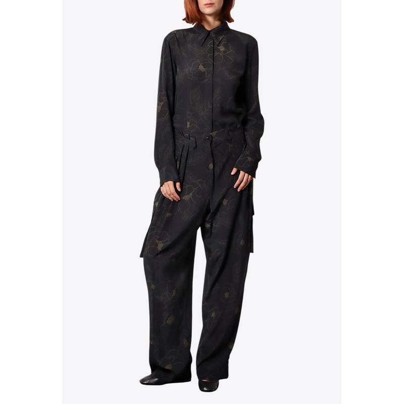 Floral Print Silk Cargo Pants