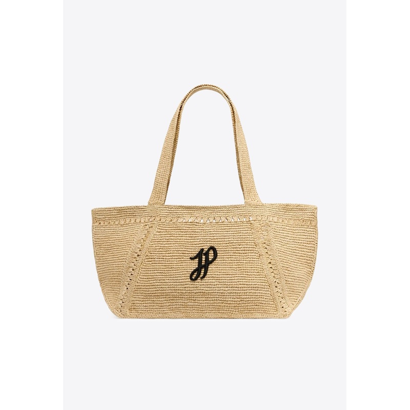 Large JP Monogram Trapeze Raffia Tote Bag
