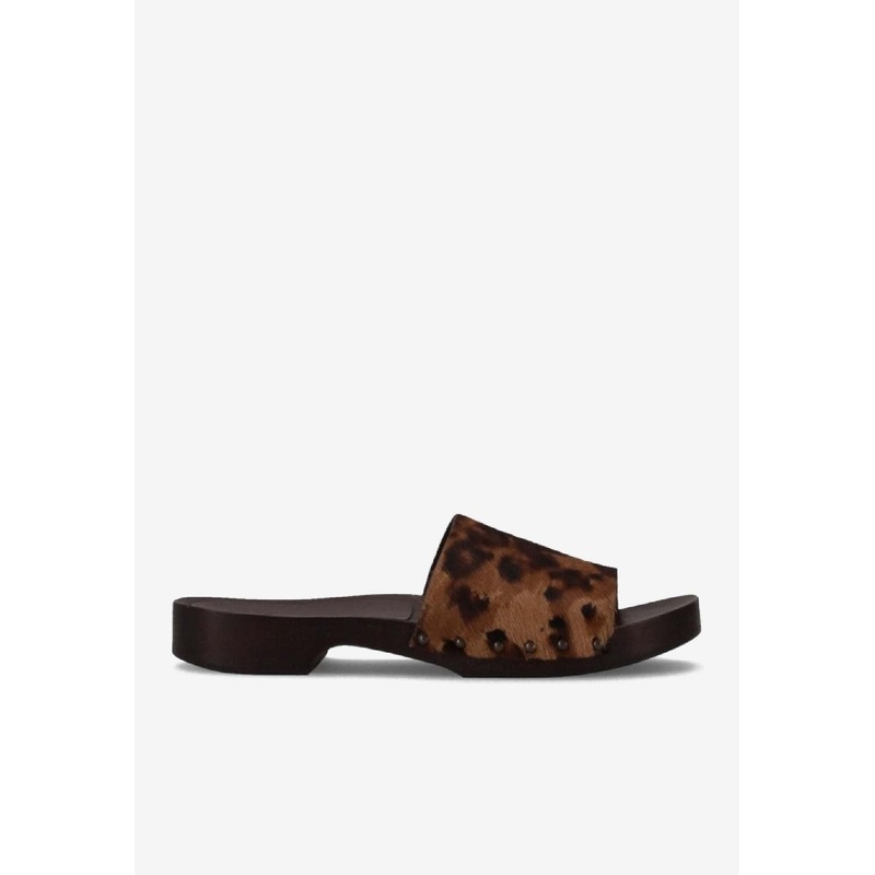 Leopard Print Studded Leather Clogs