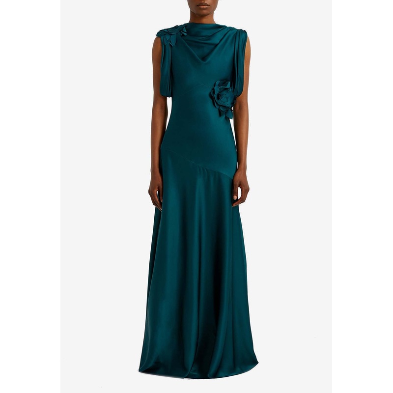 Floral Appliqu Satin Cady Draped Gown