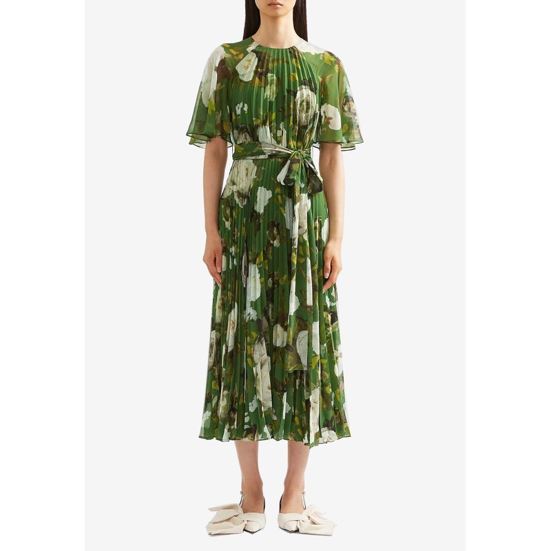 Floral Print Pleated Voile Midi Dress