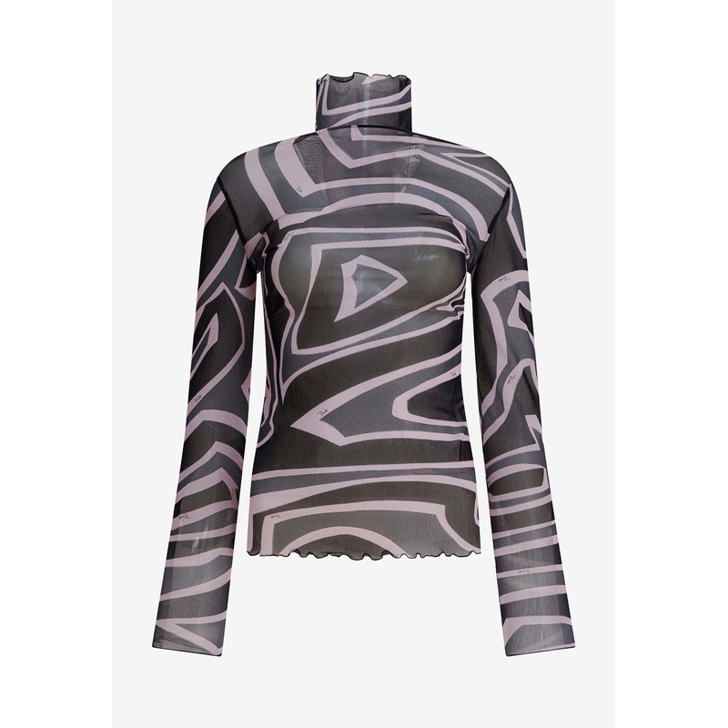 Labirinto Print Turtleneck Tulle Top