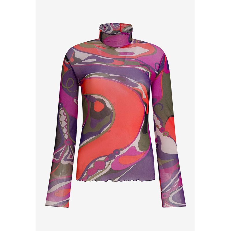 Orchidee Print Turtleneck Tulle Top