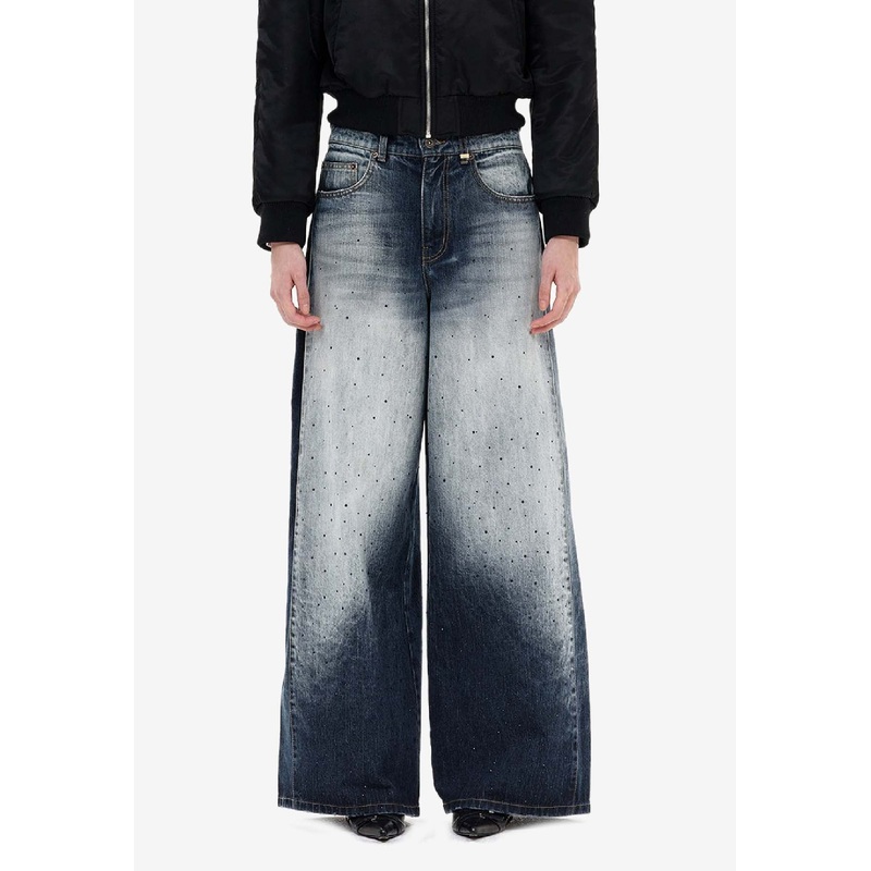 Rhinestone Embellished Wide-Leg Jeans