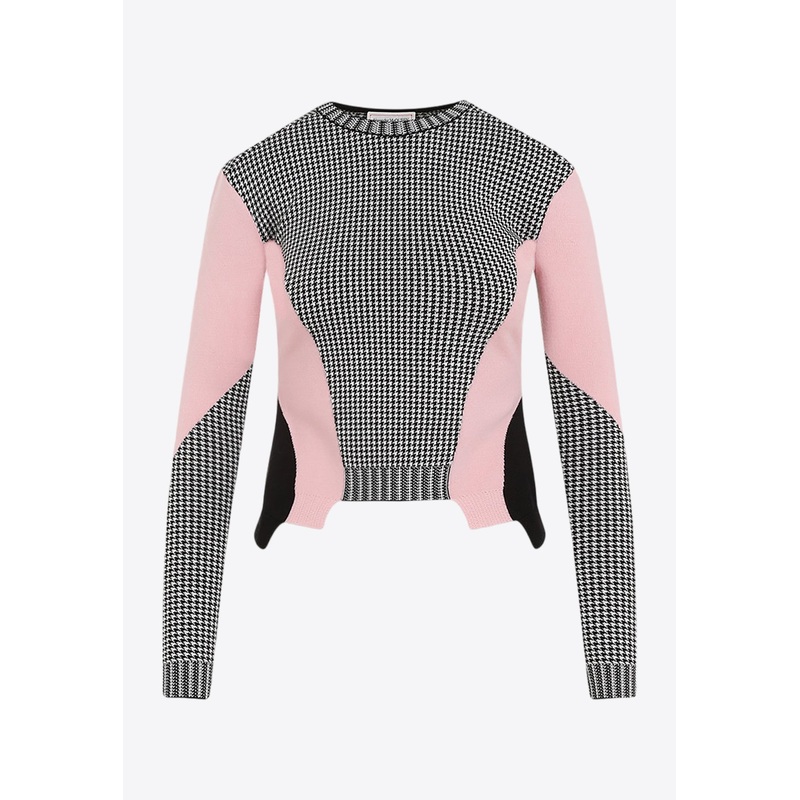 Houndstooth-Panels Wool Sweater