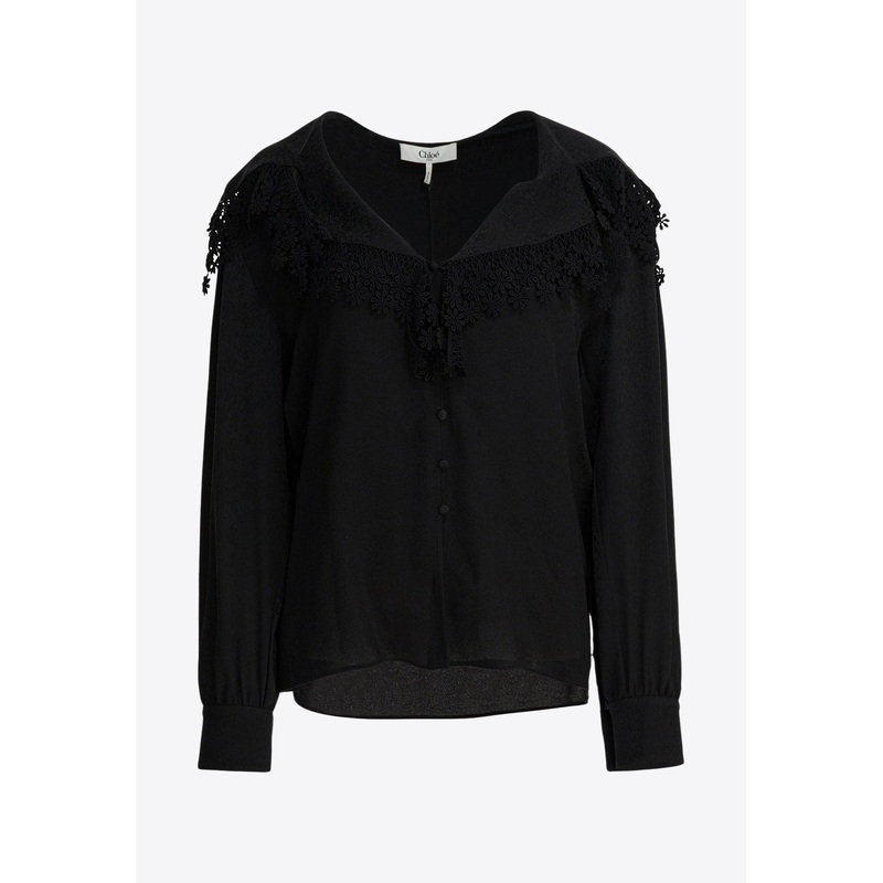 Lace-Trim Long-Sleeved Blouse