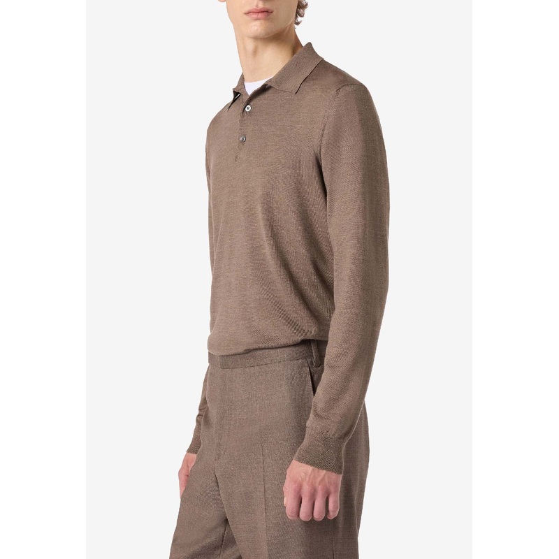 Fine Knit Long-Sleeved Wool Polo T-shirt