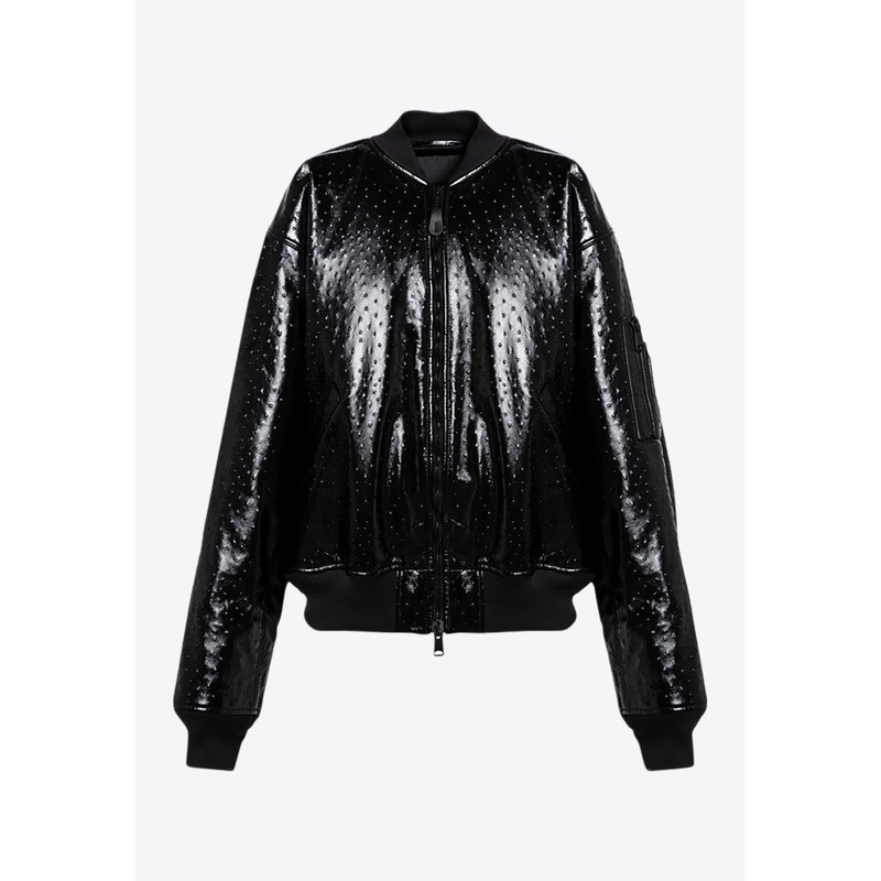 Ostrich-Effect Leather Bomber Jacket