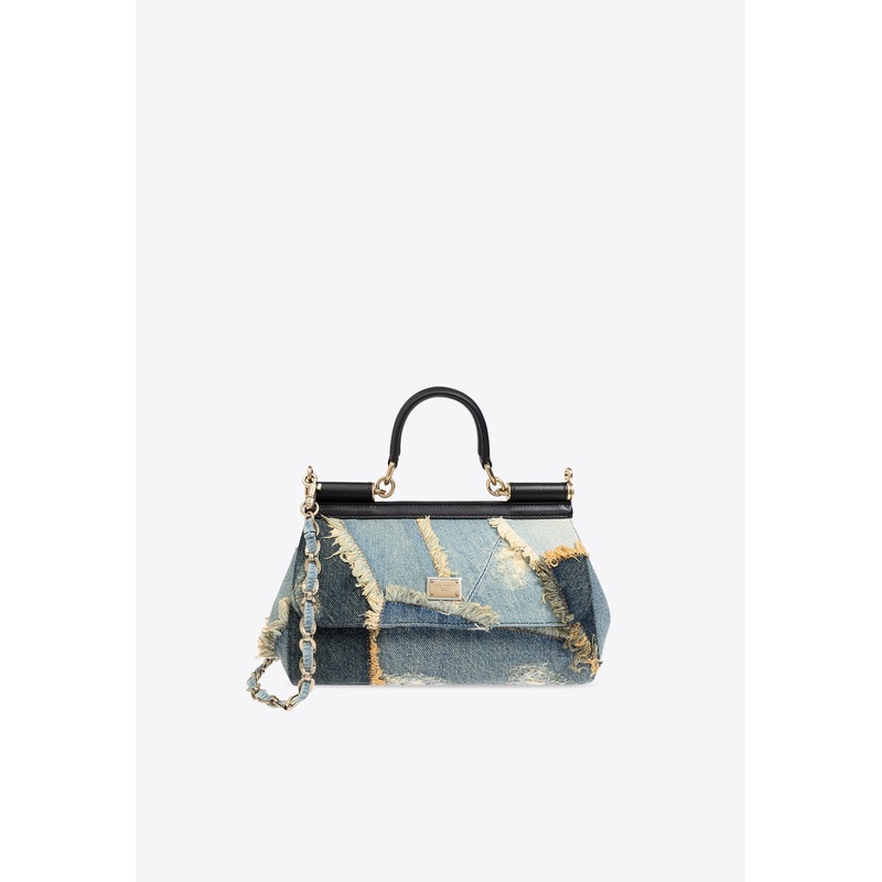 Medium Elongated Sicily Patchwork Denim Top Handle Bag