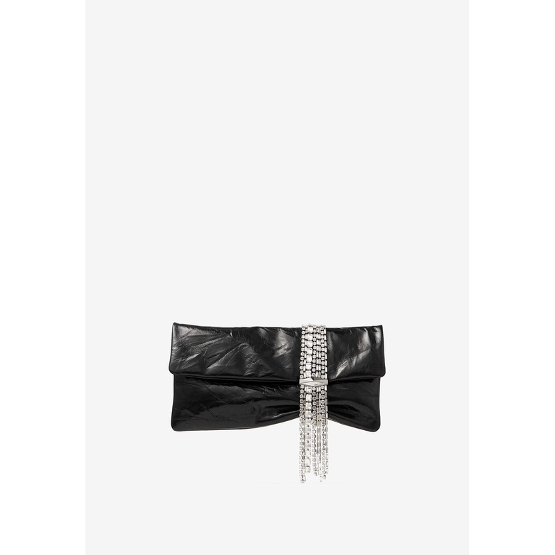 Zandra Crystal-Embellished Clutch in Metallic Leather