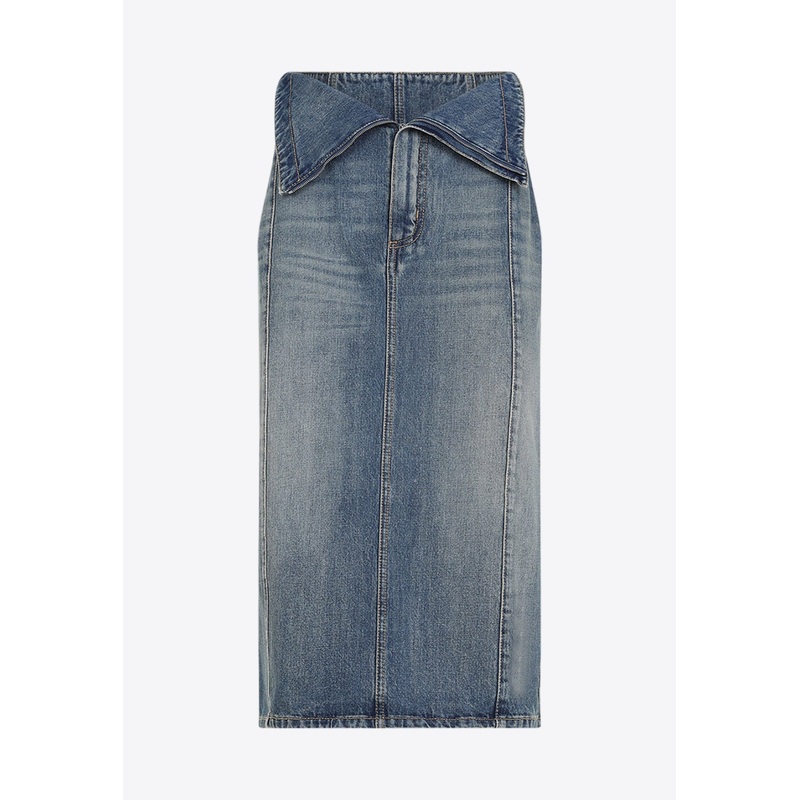 Fold Over Waist Midi Denim Skirt