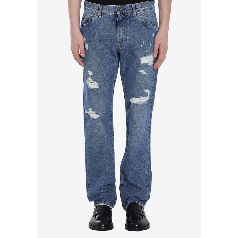 Logo Embroidered Ripped Jeans