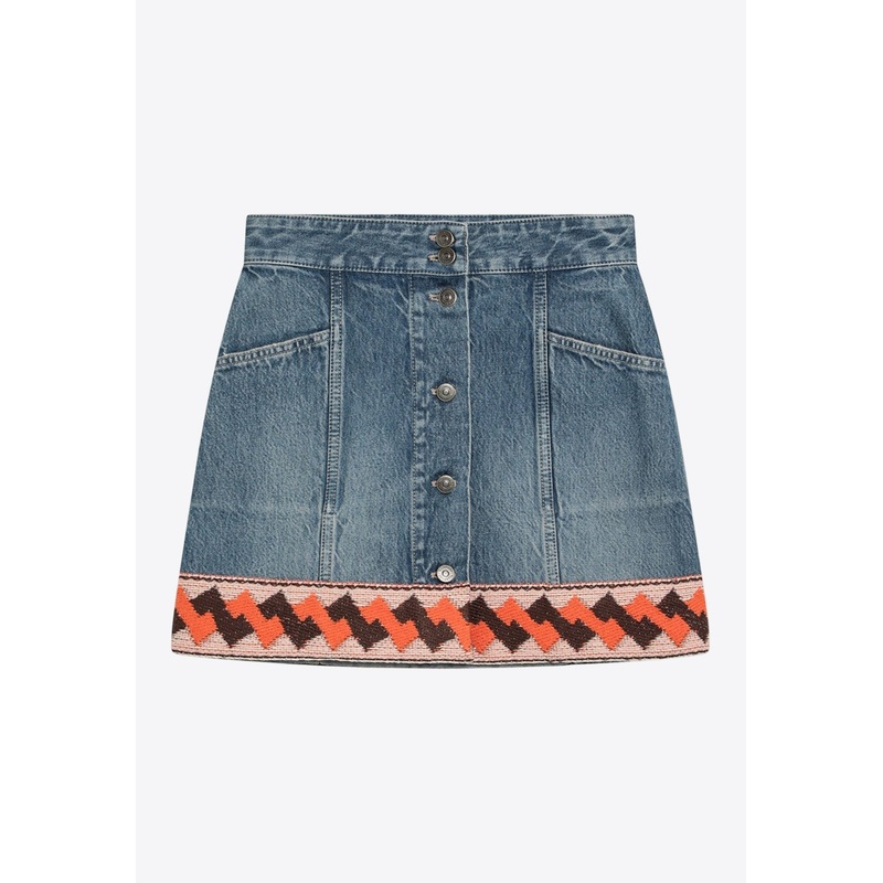 Jacquard-Trimmed Mini Denim Skirt