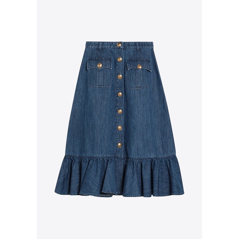 Ruffled Midi Denim Skirt