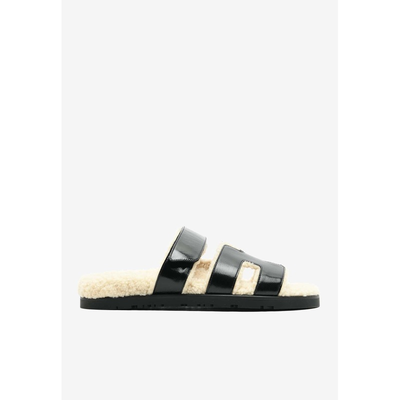 Chypre Sandals in Black Nappa Glace and Ecru Shearling
