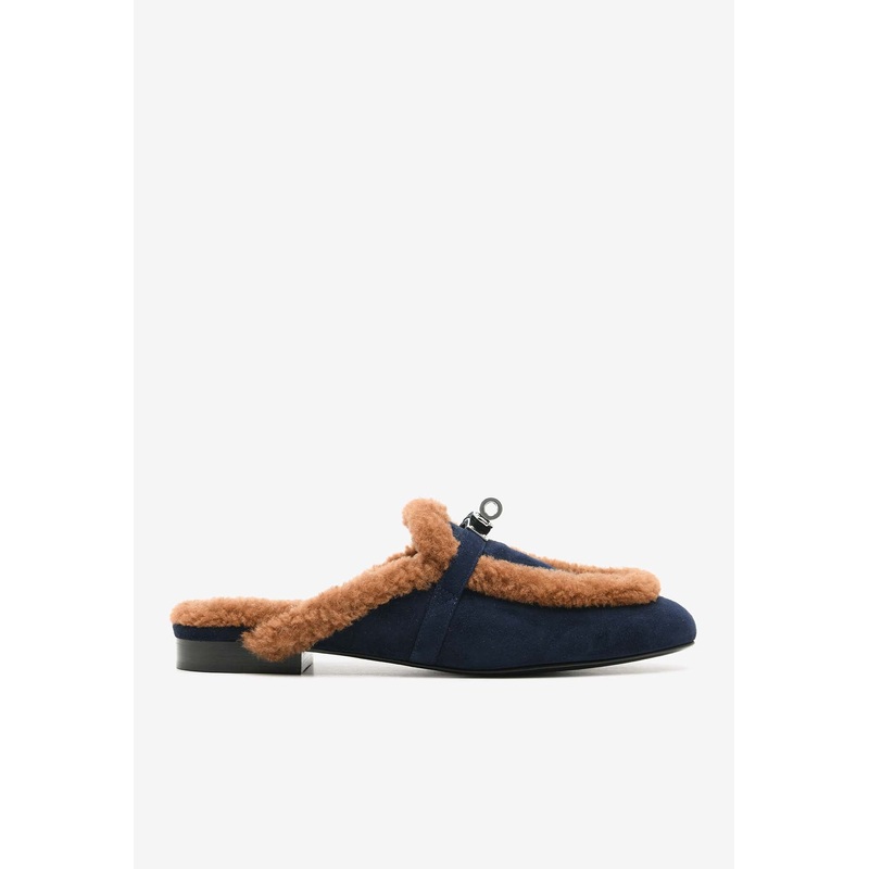 Oz Flat Mules in Marine Suede and Gold Shearling