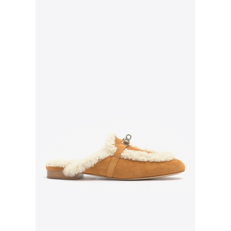 Oz Flat Mules in Naturel Suede and Ecru Shearling with Palladium Kelly Buckle