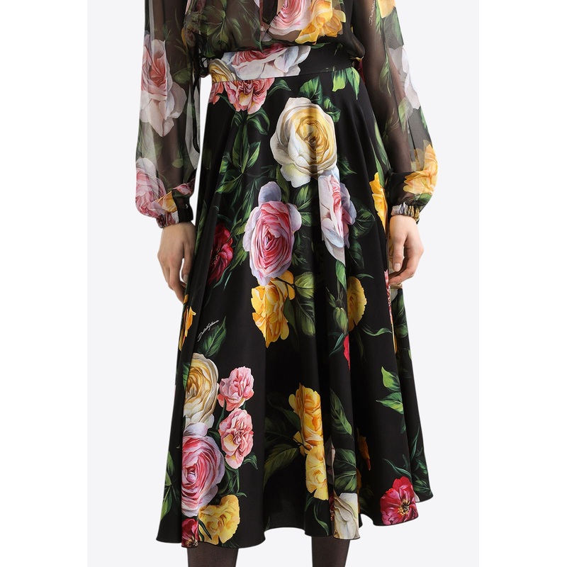 Floral Print Charmeuse Midi Skirt