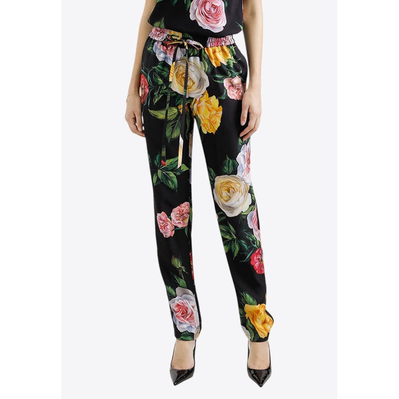 Floral Print Drawstring Silk Pants