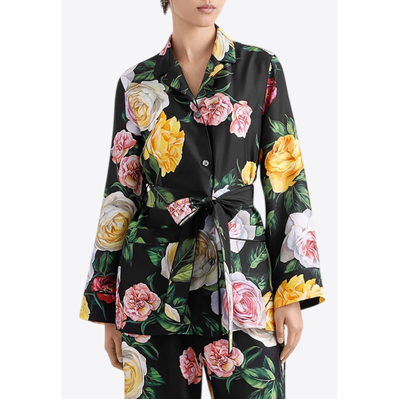 Floral Print Silk Habotai Pajama Shirt