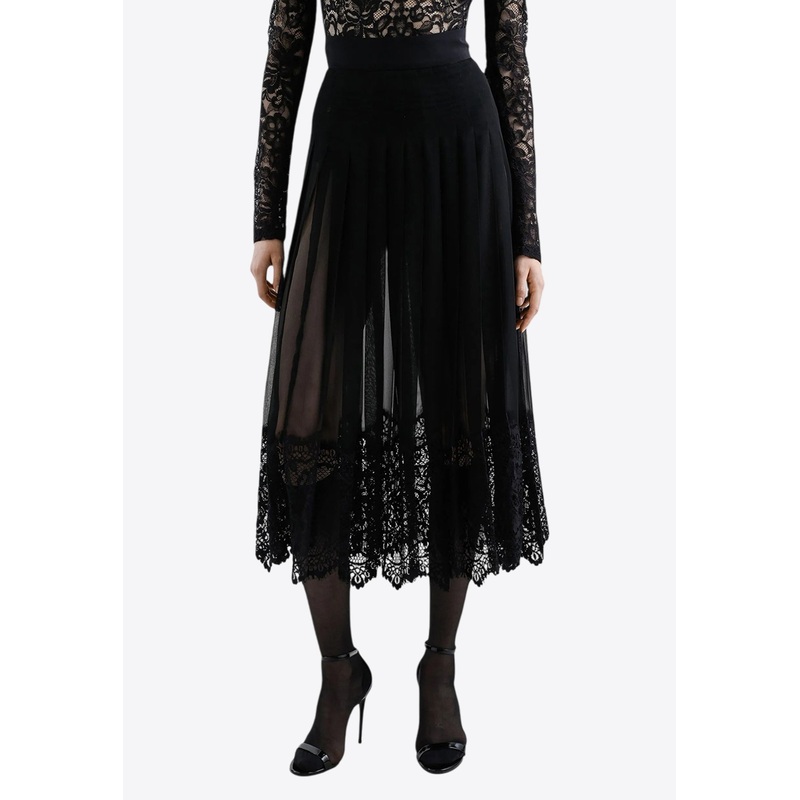 Pleated Georgette Midi Skirt with Lace Trims