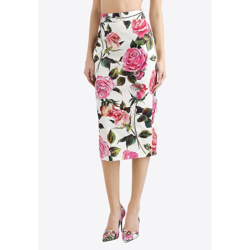 Rose Print Jacquard Midi Skirt