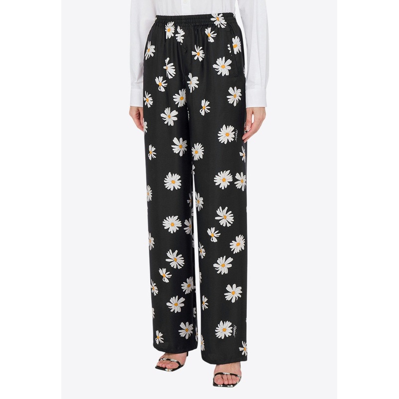 All-Over Daisy Print Silk Twill Pants